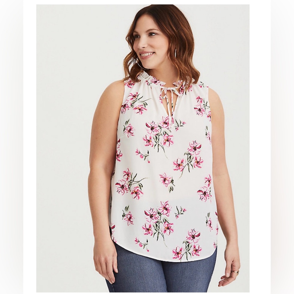 Sleeveless Floral Tie-Neck Top - White with Pink Floral
